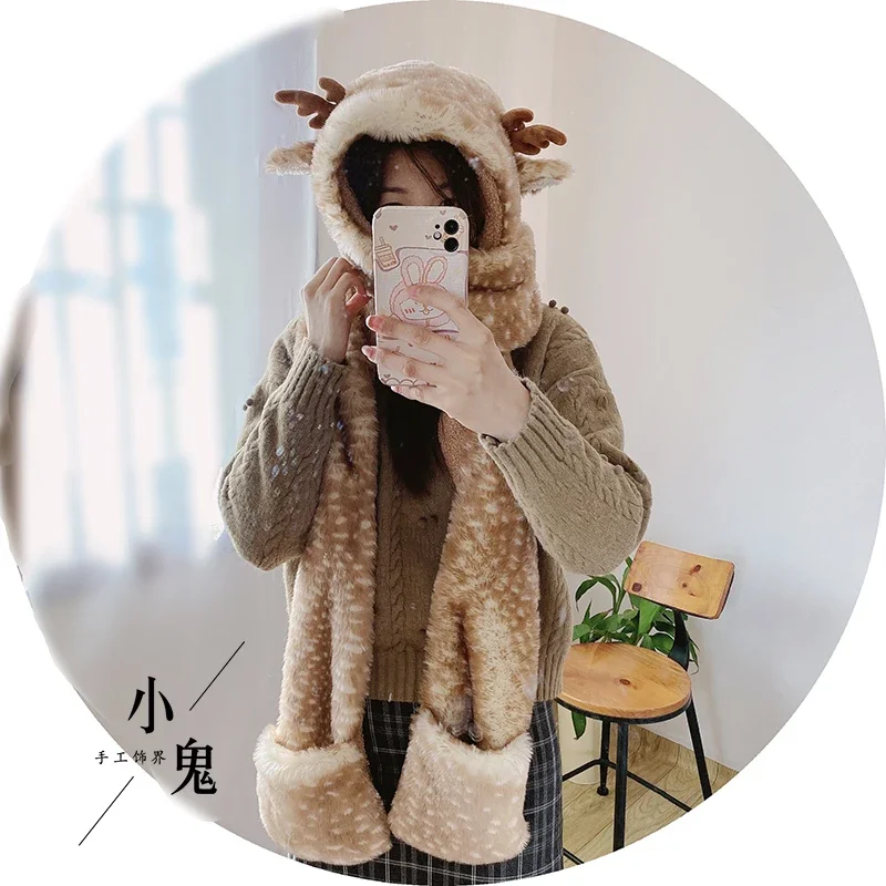 Lolita Kawaii Winter Warm Hooded Scarf Cute Cartoon Deer Ears Fur Hats Plush Ear Protection Hat Scarves