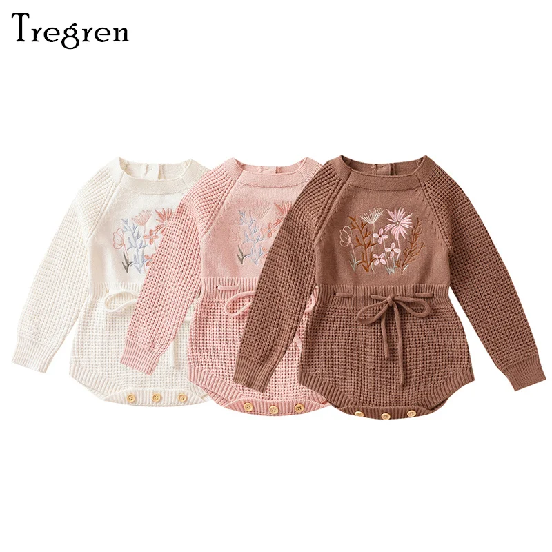 

Tregren 0-24M Infant Baby Girl Knit Romper Flower Embroidery Long Sleeve Drawstring Waist Bodysuit Fall Winter Jumpsuit Clothes
