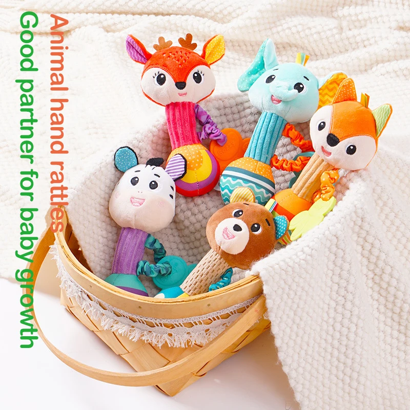 ColorfulBabyRattlesFoxDeerZebraBearBunnyAnimalShapedInfantHandRattleWithTeether