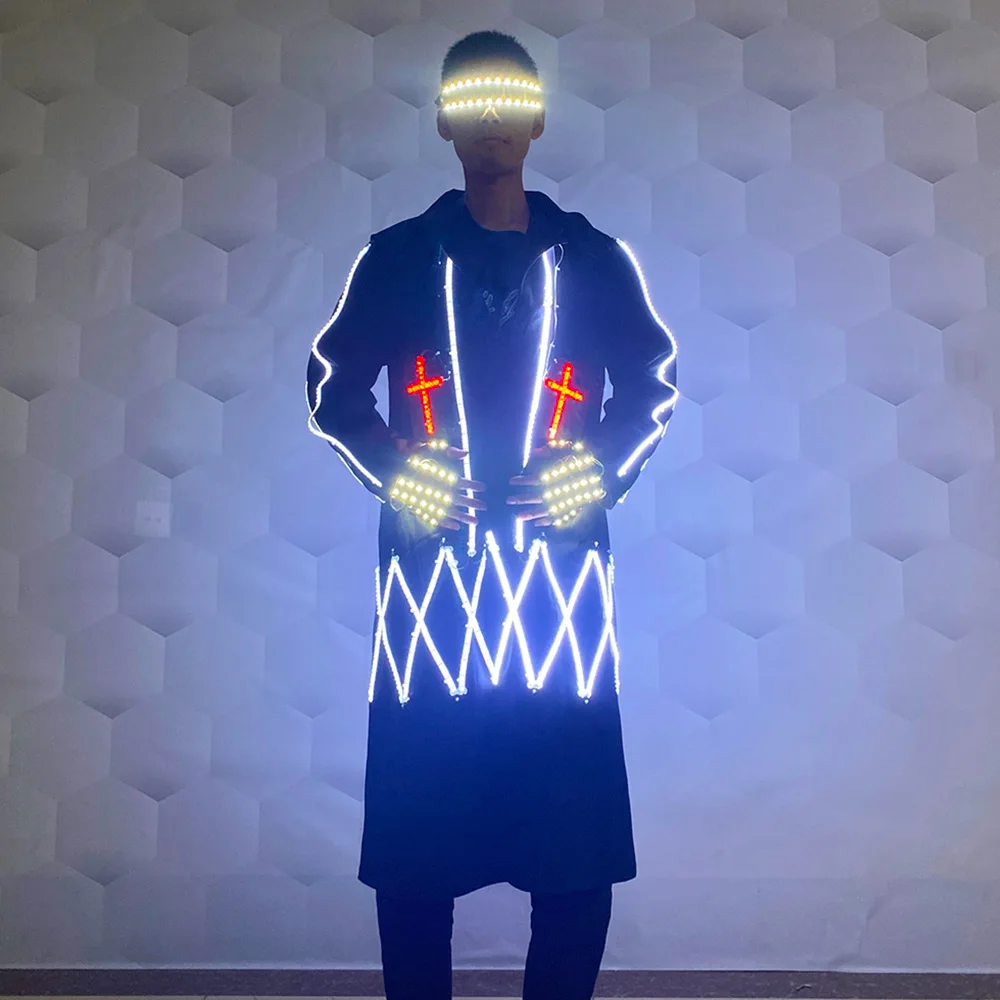 

New LED coat glasses gloves Light up costume Magician performing Taoist costume Circus Halloween Christmas led jacket glasses