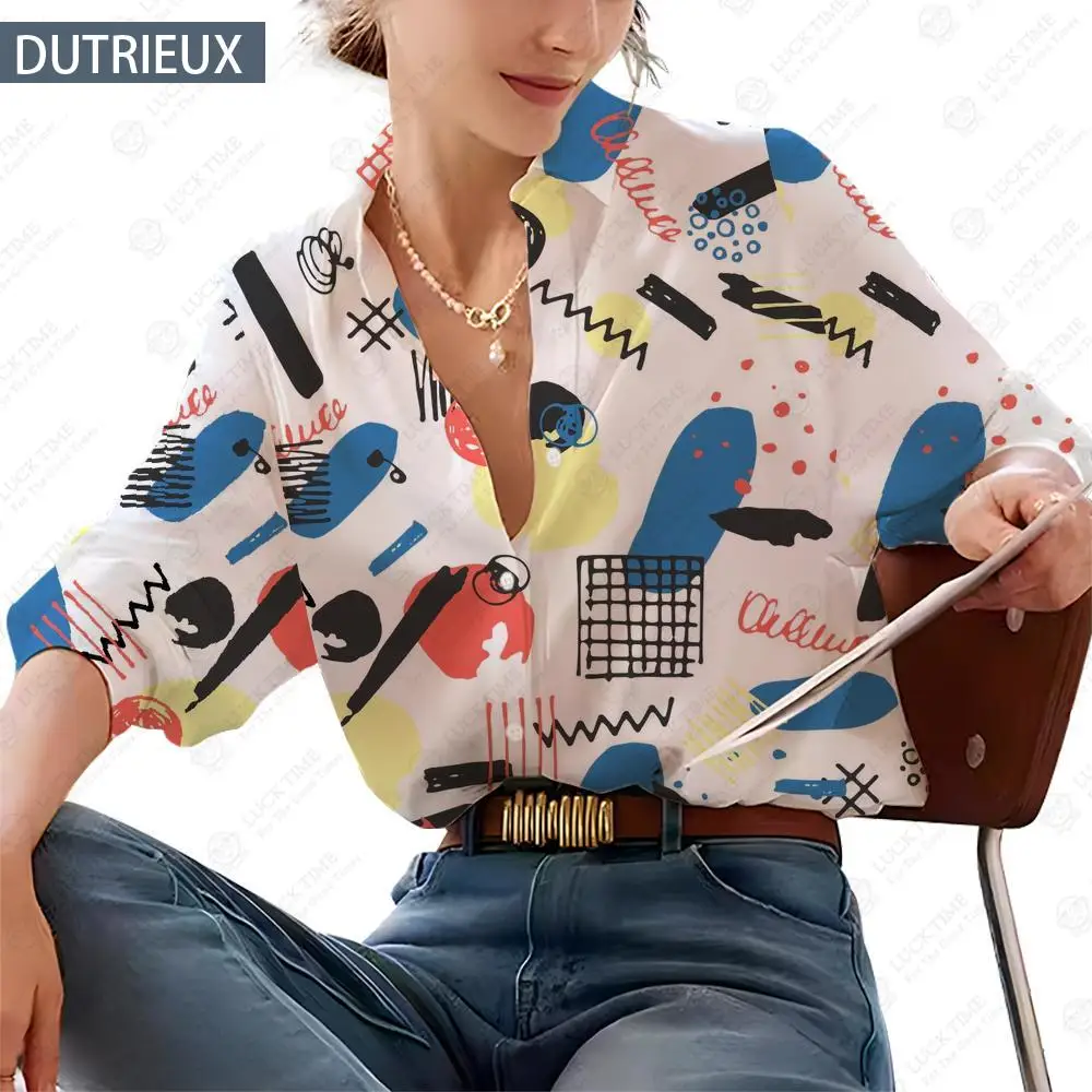 

Women Shirt Spring And Autumn Funny Printed Long-Sleeved Lapel Woman Shirts 3D Bohemian Loose Fit Slight Strech Regular Full