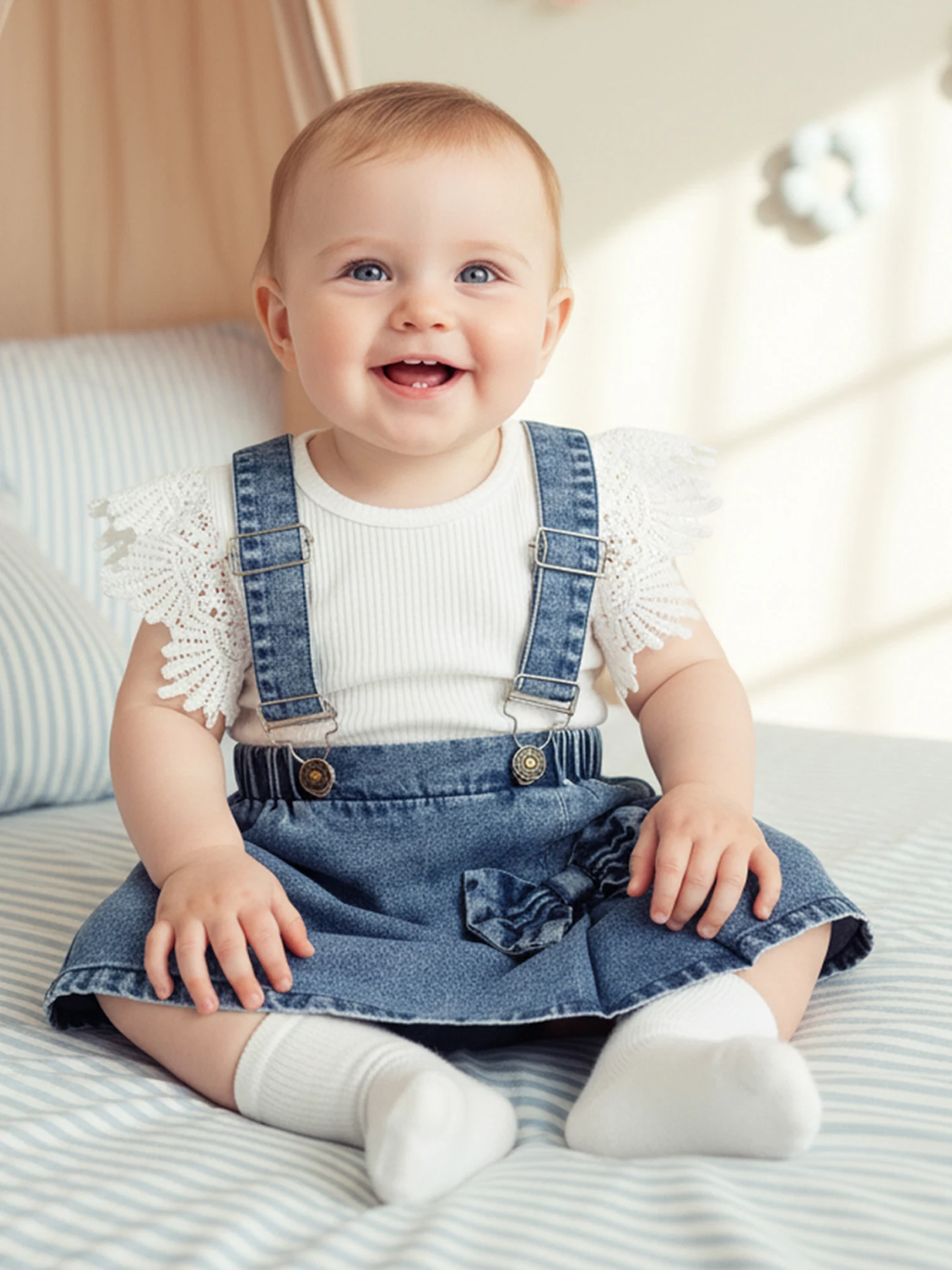 FOCUSNORM 0-18M Schöne Baby Mädchen Sommer Kleidung Sets Outfit Gerippte Kurzarm Strampler Denim Overall Rock Set – Detail 8
