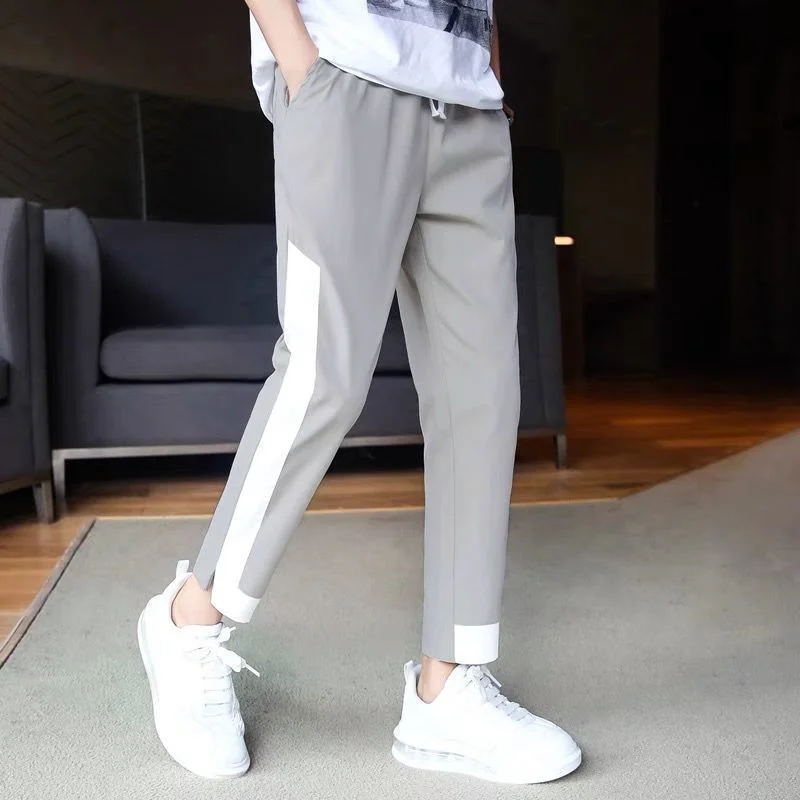 Korean Summer New Loose Versatile Casual Pants Men's Panelled Elastic Waist Drawstring Pockets Patchwork Thin Harlan Trousers