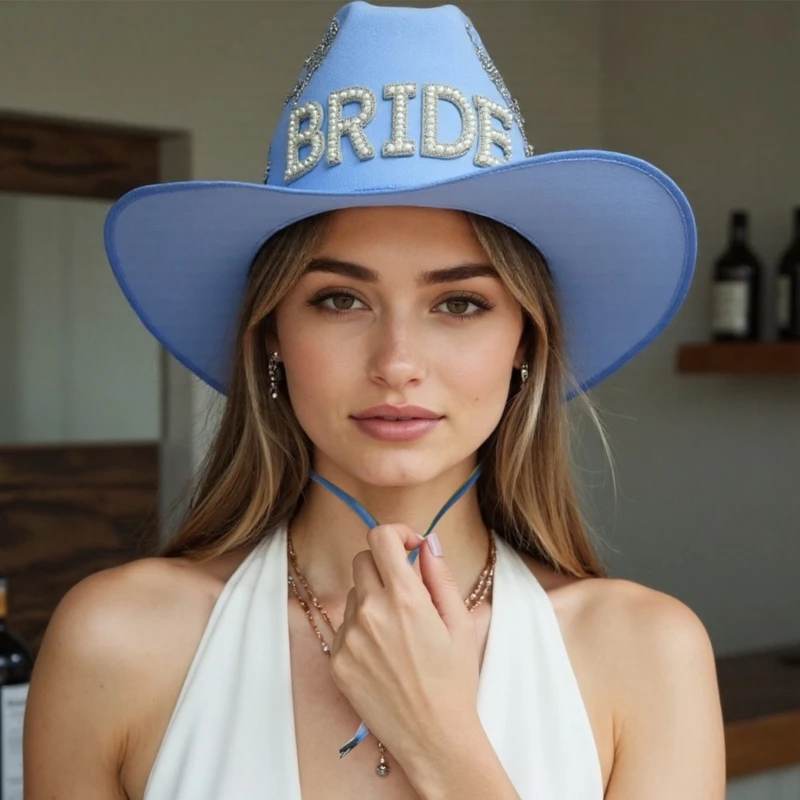 Bride Cowboy Hats Crystal Panama Hat for Bachelorette Party Cocktail Parties Vacation Sparkly Crystal Blue for Wedding