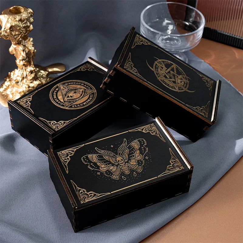 Desktop Organizer Wooden Box Zodiac Lotus Slide Drawer Storage Box Suitable for Tarot Cards Gifts 1pc