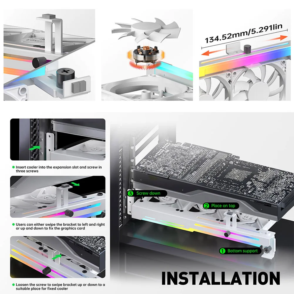 Placa Gráfica Titular do Radiador Horizontal Gpu Video Card Stand pc Ventilador de Refrigeração Argb 5v 3pin 1800rpm Gcc-pro - Imagem 3