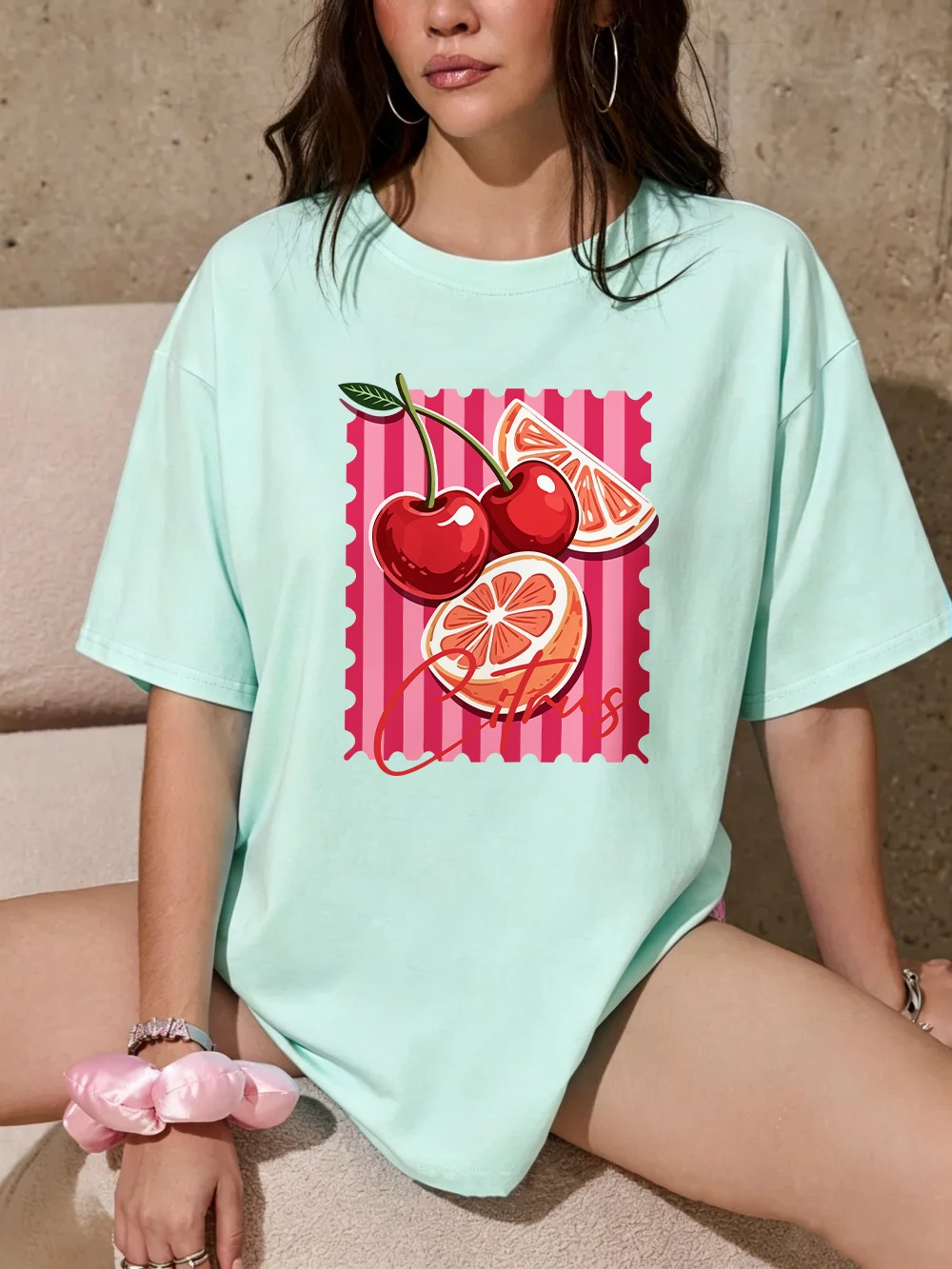 Red Cherry Citrus Print Oversized Cotton Women's Summer Top - Casual Soft O-Neck Short Sleeve T-Shirt