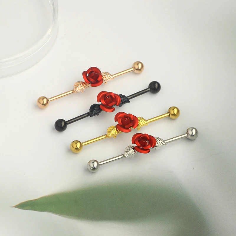 Wholesales 14g Industrial earrings barbell stainless steel rose flower black long 38mm conch helix industrial piercing bar body