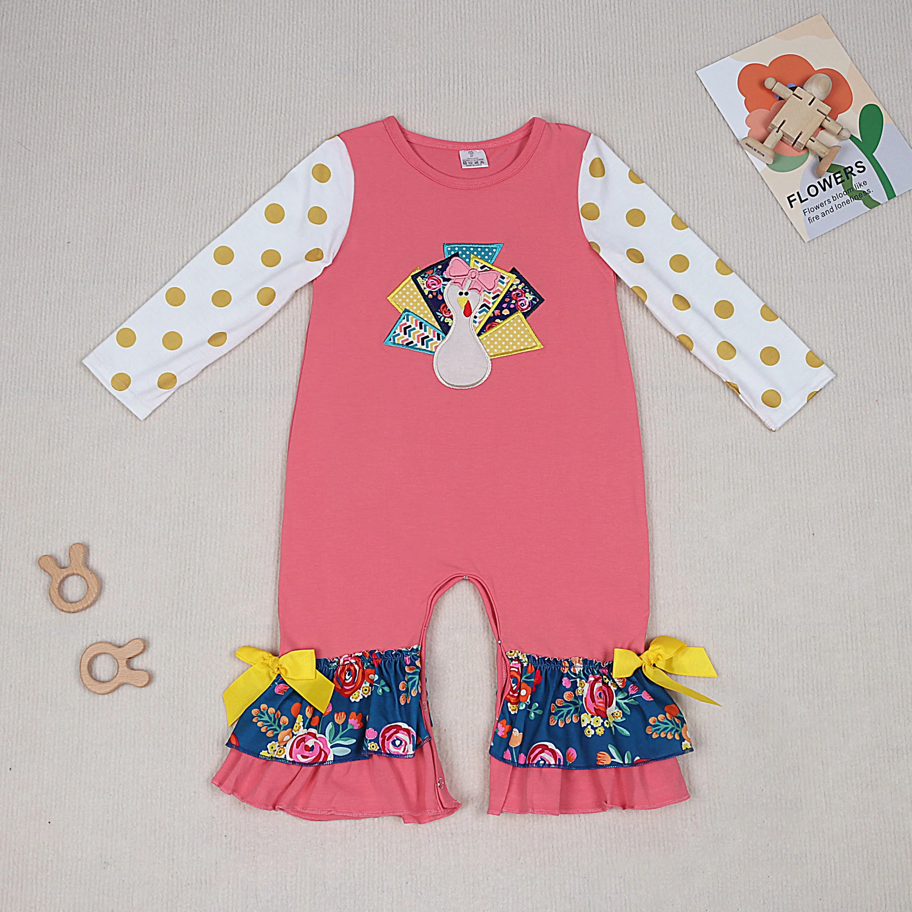 

Thanksgiving Baby Girl Romper Clothes Turkey Applique Cotton Winter Long Sleeves Round Collar Bow Fashion Child Bubbles 0-24M