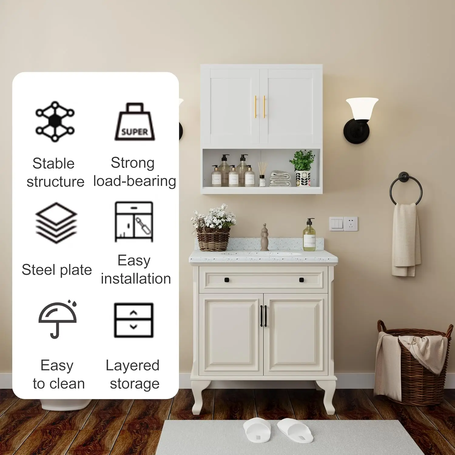 Metal Bathroom Cabinet Wall Mounted，Hanging Cabinet with 2Door and Adjustable Shelves，Over The Toilet Storage Medicine Cabinets