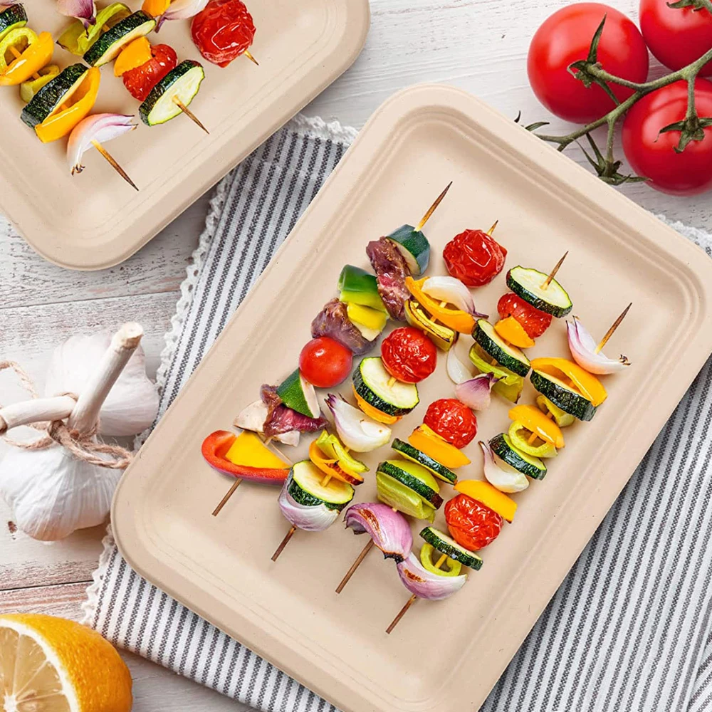 50 Pcs 14 Inch Disposable Food Trays Eco-friendly Large Paper Plates Compostable Sugarcane Filber for Party