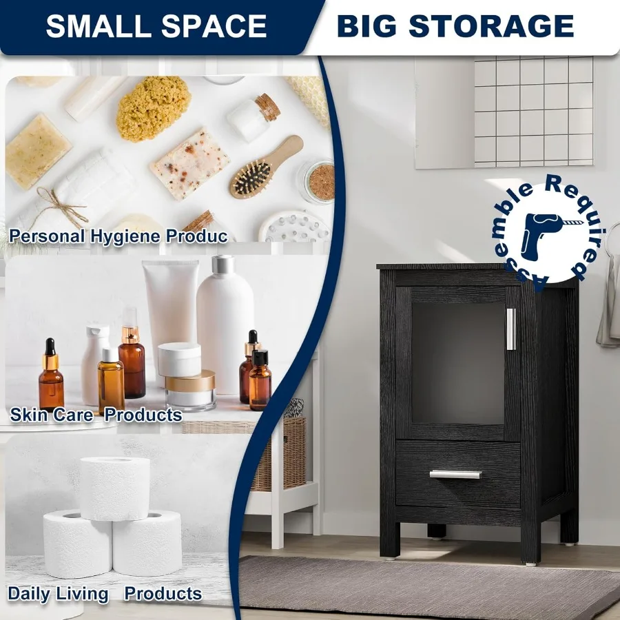 18" Small Bathroom Vanity Sink Combo Modern Freestanding Cabinet W/Matte Glass Door Drawer Blue Boat Tempered Vessel Sink 4