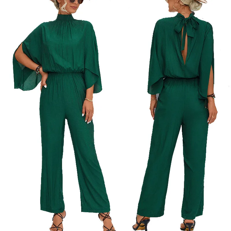 

Fashion Women's Jumpsuits 2023 Spring Elegant Female Overalls Streetwear Rompers Loose Stand Collar Split Sleeve Black Jumpsuit