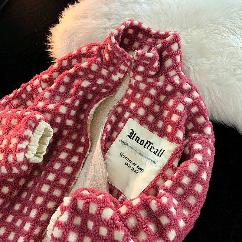 Raspberry Plaid Stand Collar Lamb Wool Coat Female 2022 Chic Autumn Winter Niche Design Does Not Bump Into a Pair of Cotton Coat
