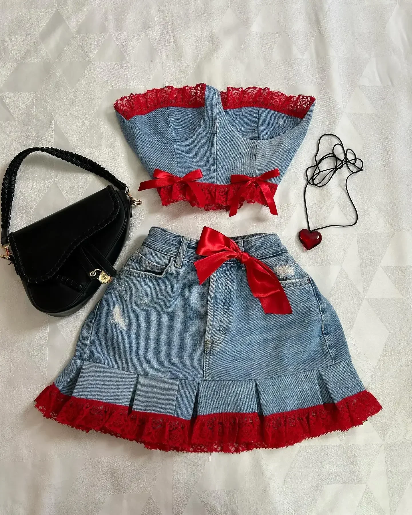 Two Piece Sets Womens Outifits Y2K Pu Leather Spliced Denim Black Skirt Sets New Harajuku Gothic Sexy Zipper Jacket Mini Skirt 6