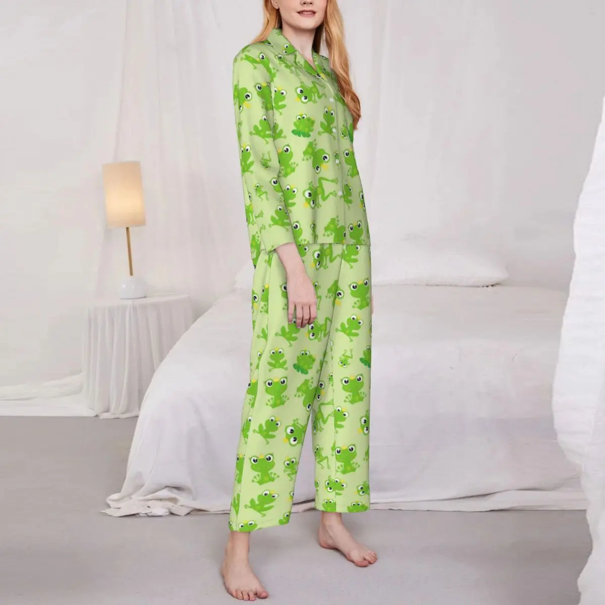 Pijamas femininos bonito sapo lazer pijamas verde animal impressão