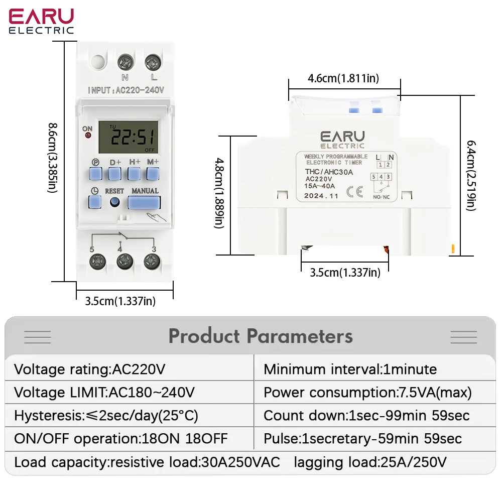 AC 220V 230V 110V DC 12V 24V 48V 15A 30A THC15A Din Rail Weekly 7 Days Programma