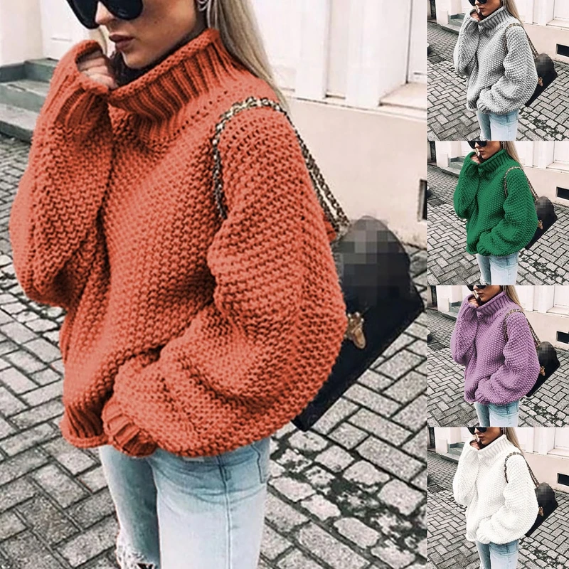 Women Autumn Batwing Long Sleeve Sweater Turtleneck Solid Color Chunky Cable Knit Pullover Tops Oversized Loose Jumper