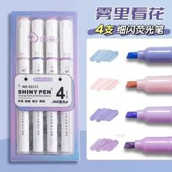 Kawaii Glitter Pastel Highlighter Pen Set - 4 Colors, Fine Tip for Scrapbooking & Stationery (Purple Shiny Pen Set)