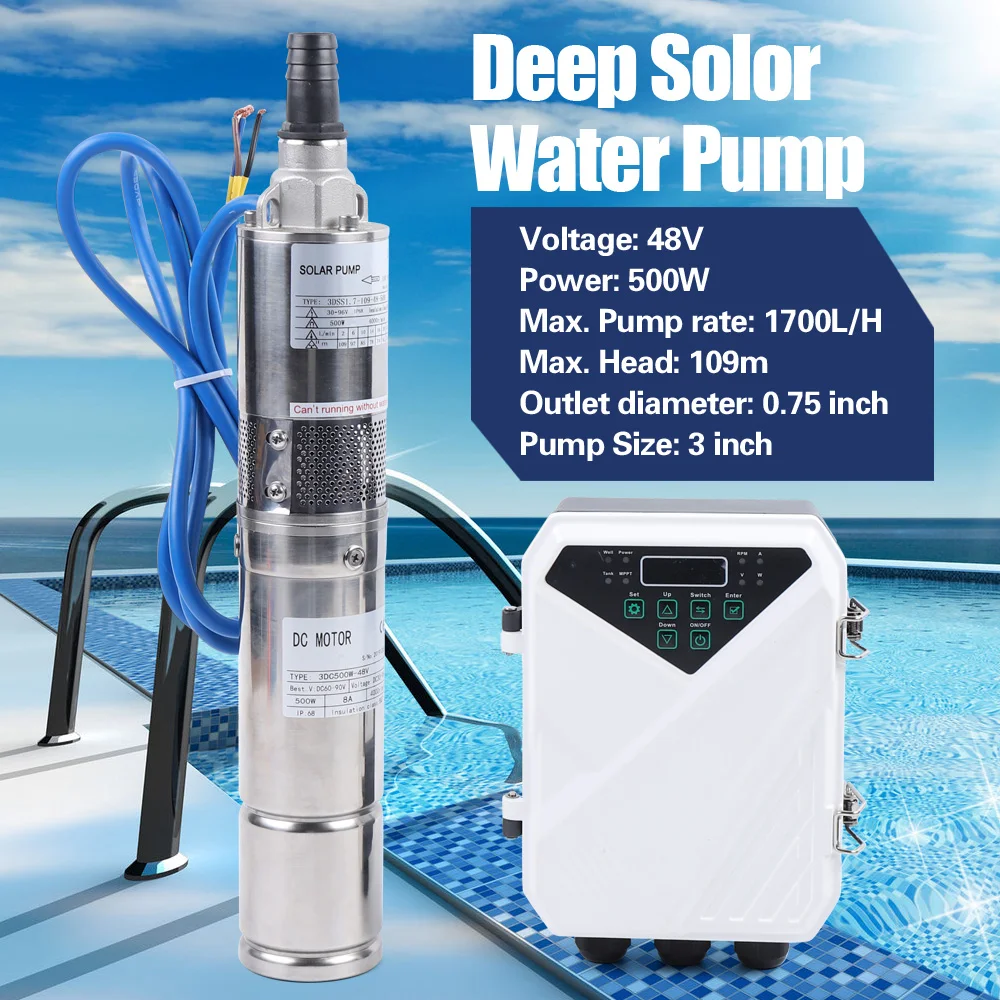 

3" DC Screw Solar Water Pump 48V 500W Submersible Bore Deep Well Water Pump w/MPPT Controller Kit Garden Irrigation Kits