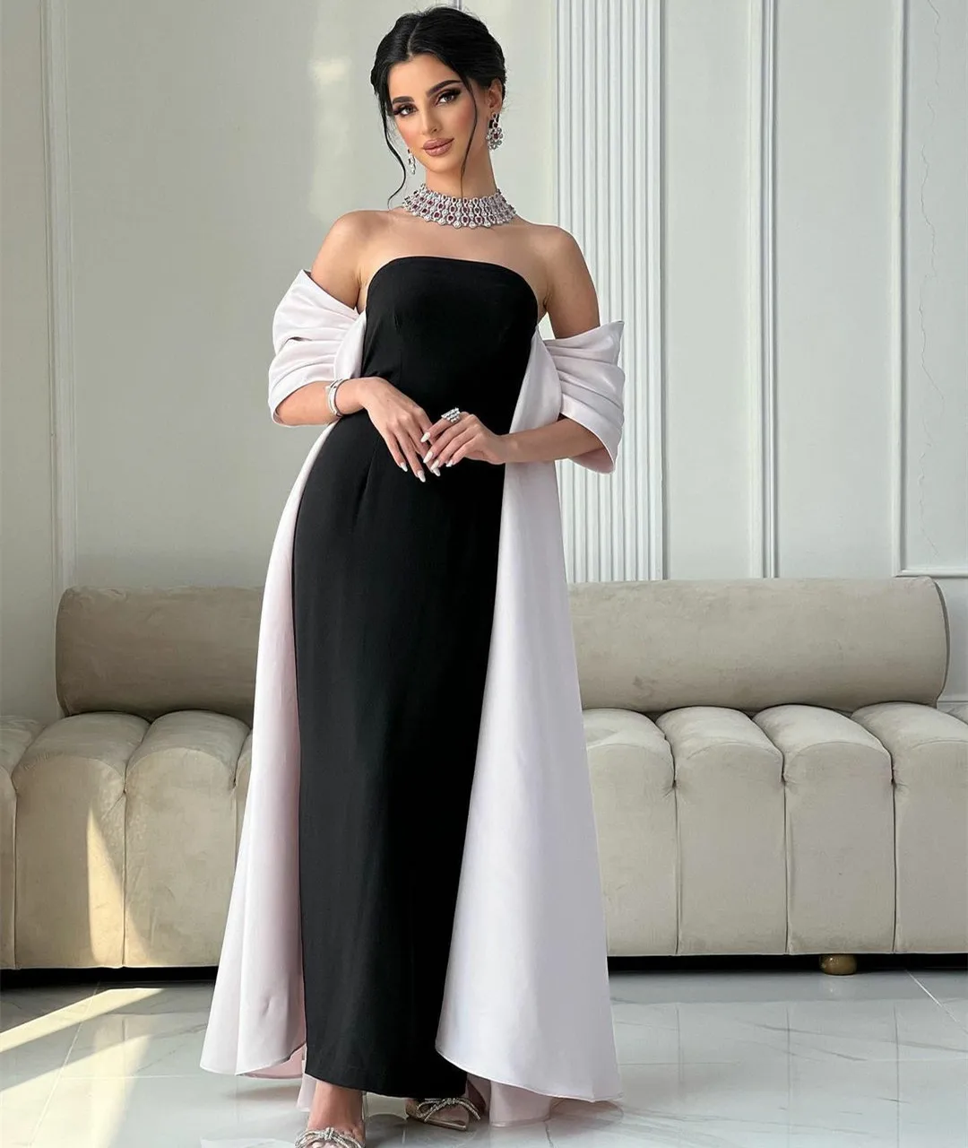 

Long Crepe Black&White Strapless Ankle Length Evening Dresses فساتين السهرة Sheath Satin Prom Dress Robe de soirée for Women