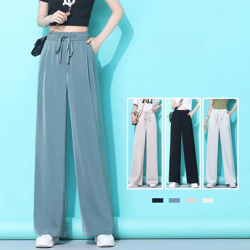 Oversize Summer Thin Women Solid Wide Leg Pants New Fashion Loose Casual Clothing High Waist Elastic Lace-up Straight Trousers