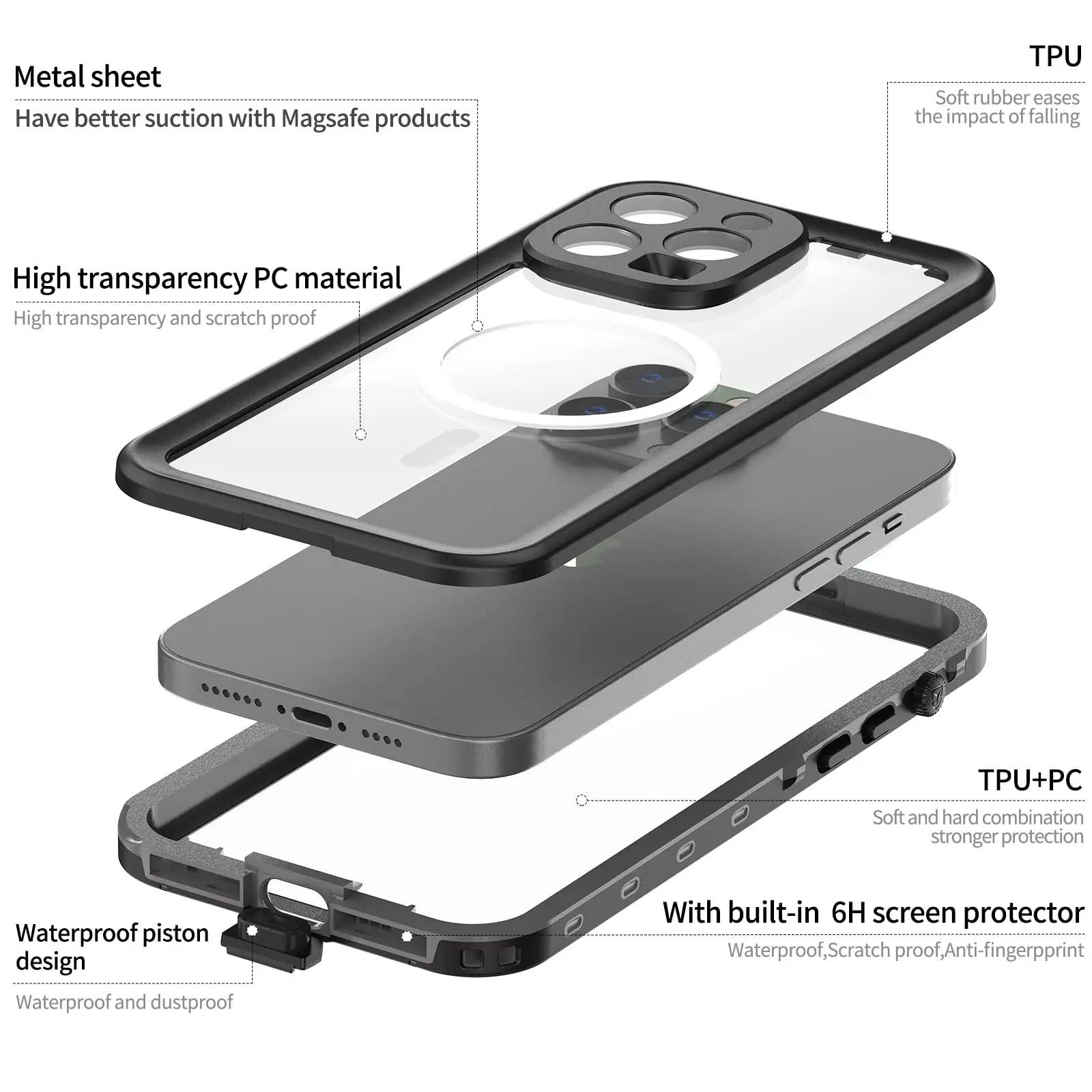 Magnetic Case For iPhone 15 14 Pro Max Pro iPhone 13 Pro Max IP68 Waterproof Protector Full Body Protective Dustproof Phone Case