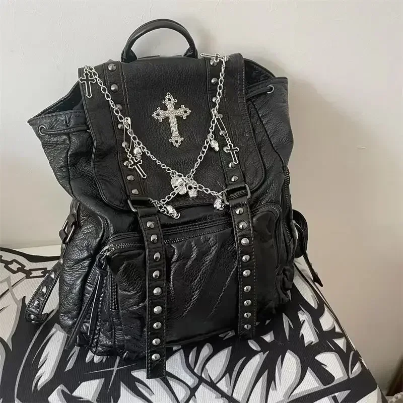 

Skeleton For Backpacks Rivet Pu Black MBTI Female Backpacks Punk Cross Y2k Leather Bag Chain Students Women Goth School Fashion