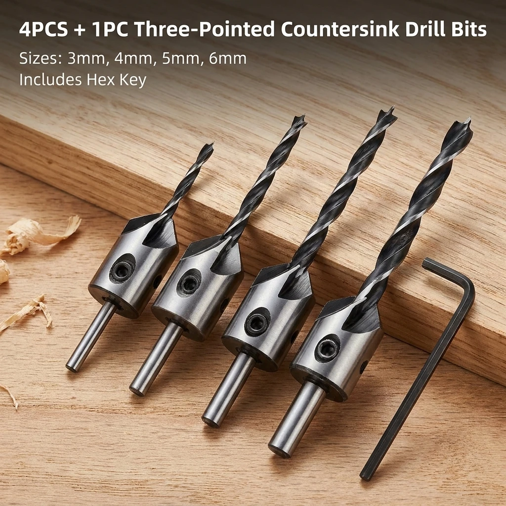 4PC 3-6mm 삼각형 목공 카운터보어 드릴 비트 세트, 정밀 조인트 작업용 리밍 및 챔퍼링 나사 구멍 개방 도구