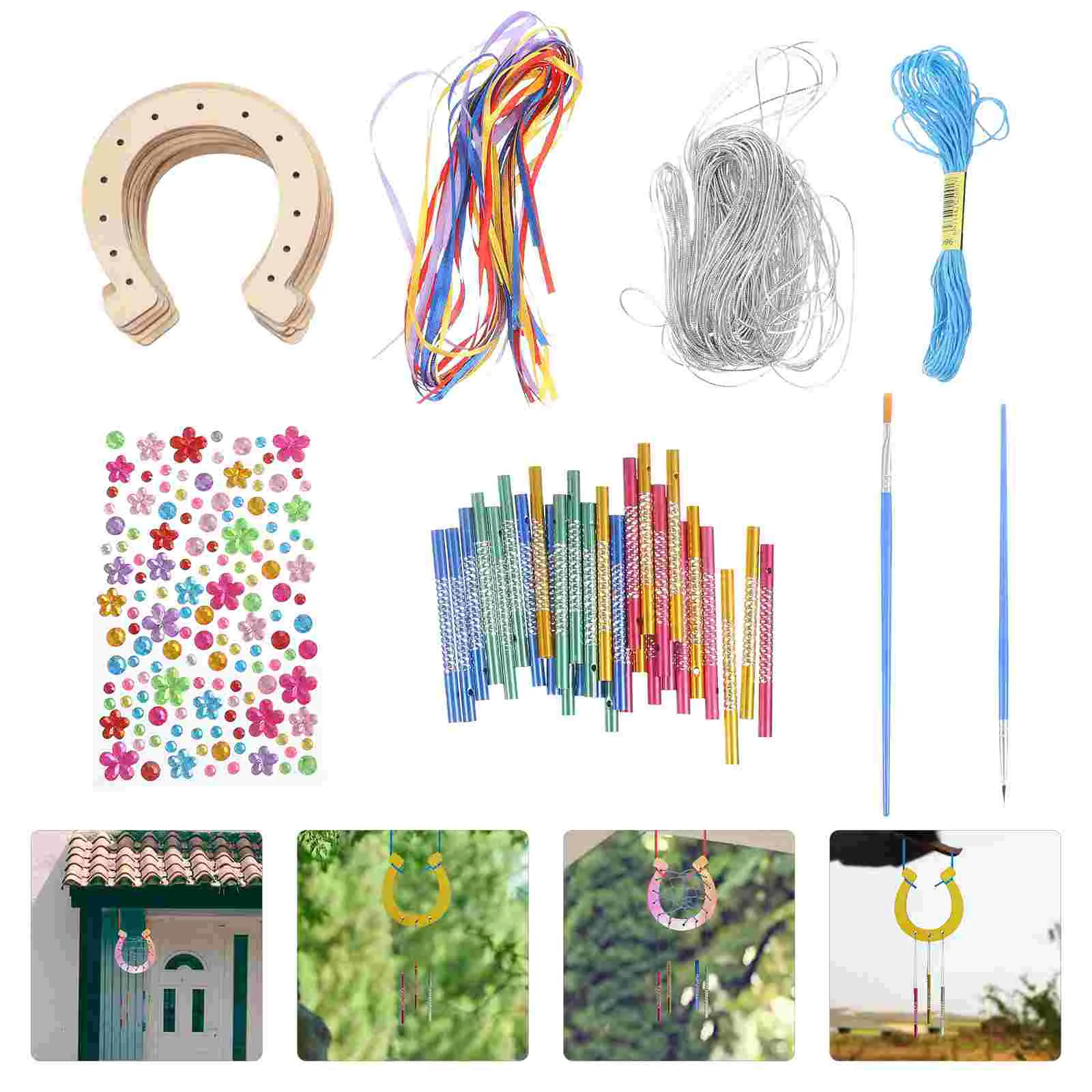 

16 Sets Household Holiday Party Decorations Handmade Hanging Ornaments Wall Horseshoe Pendent Wood Wooden Wind Chime