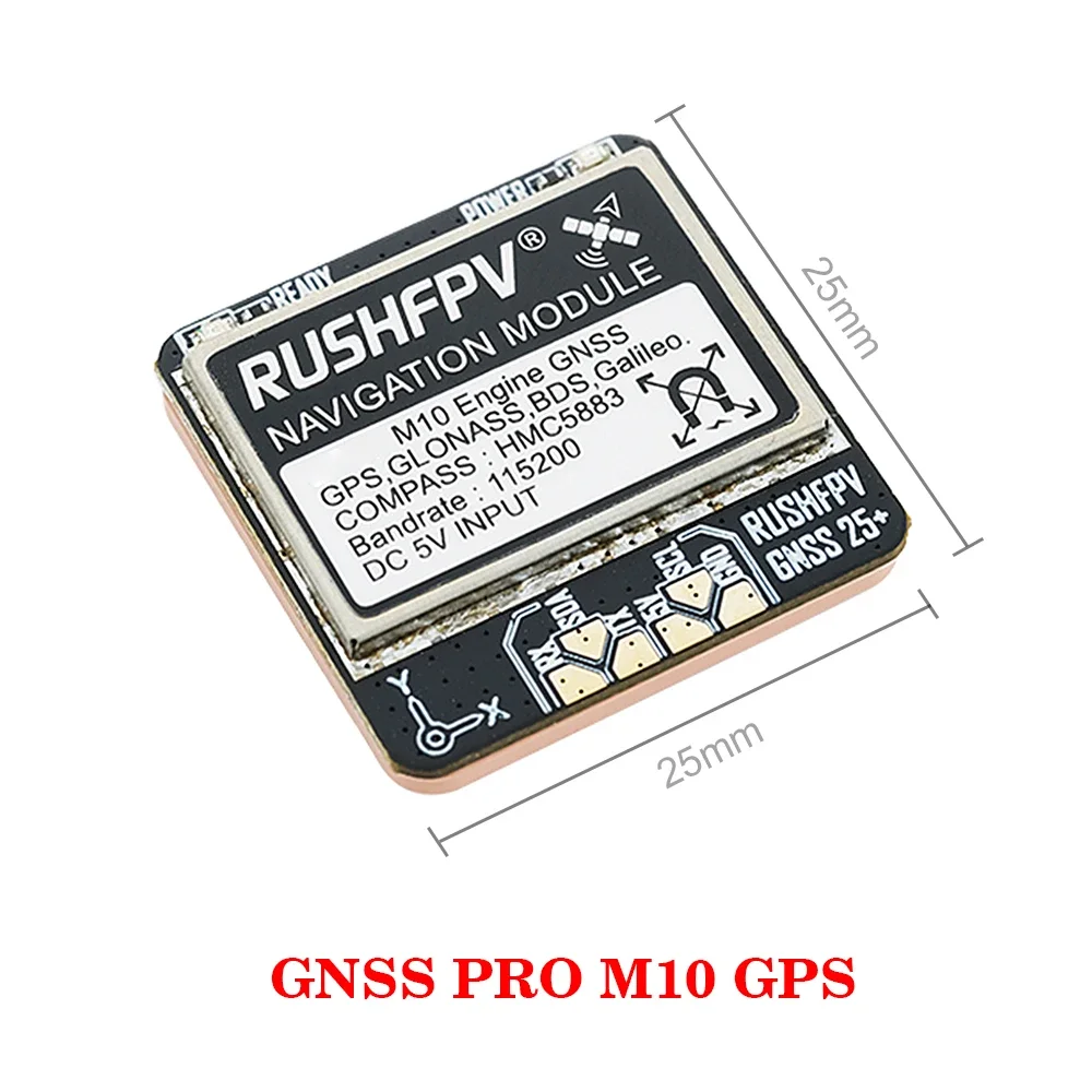 Module GPS RUSHFPV GNSS M10 Pro double protocole, installé sur un cadre de drone FPV, vue latérale