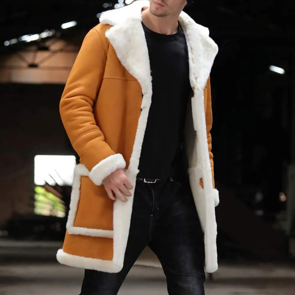 Windproof Jacket Coat Warm Cozy Winter Coat Thickened Suede Men's Mid-length Jacket with Plush Lining Large Lapel Jacket Outwear