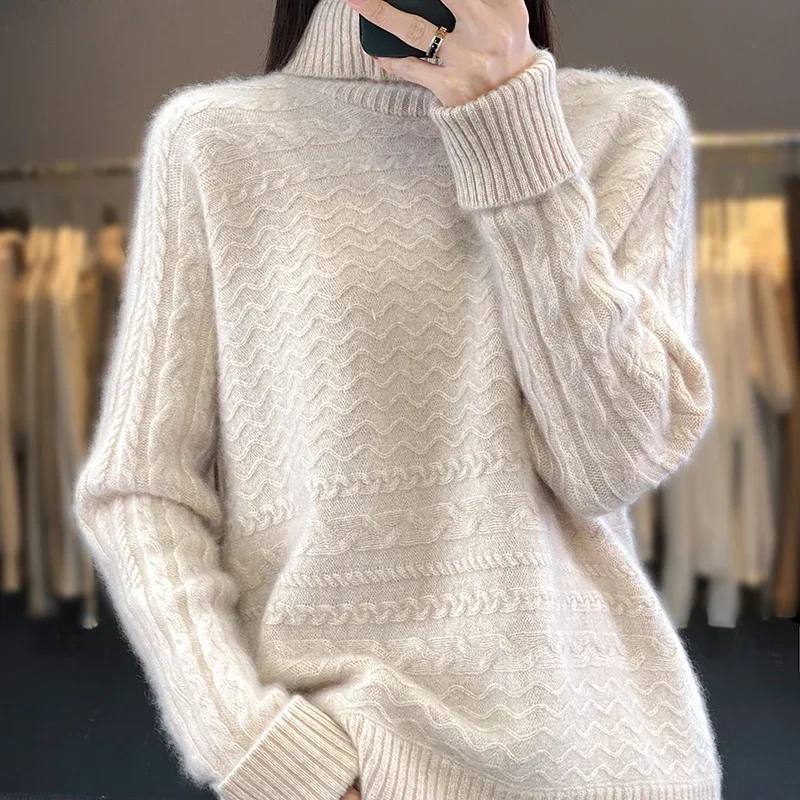 casual-high-neck-cashmere-knitted-cardigan-women's-long-sleeve-sweater-autumn-and-winter-23-new-women's-100-pure-wool-pullover