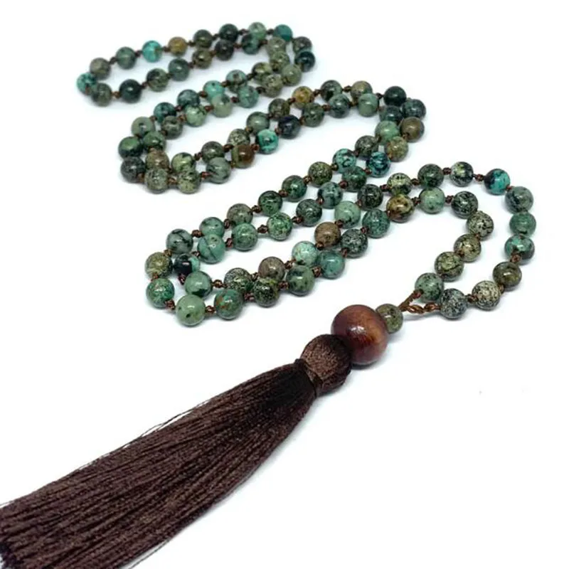 

6MM African T-urquoise G-emstone Mala Healing Necklace Hand Knotted 108 Mala Beads Tassel Necklaces Japa Malas Gift Woman Men