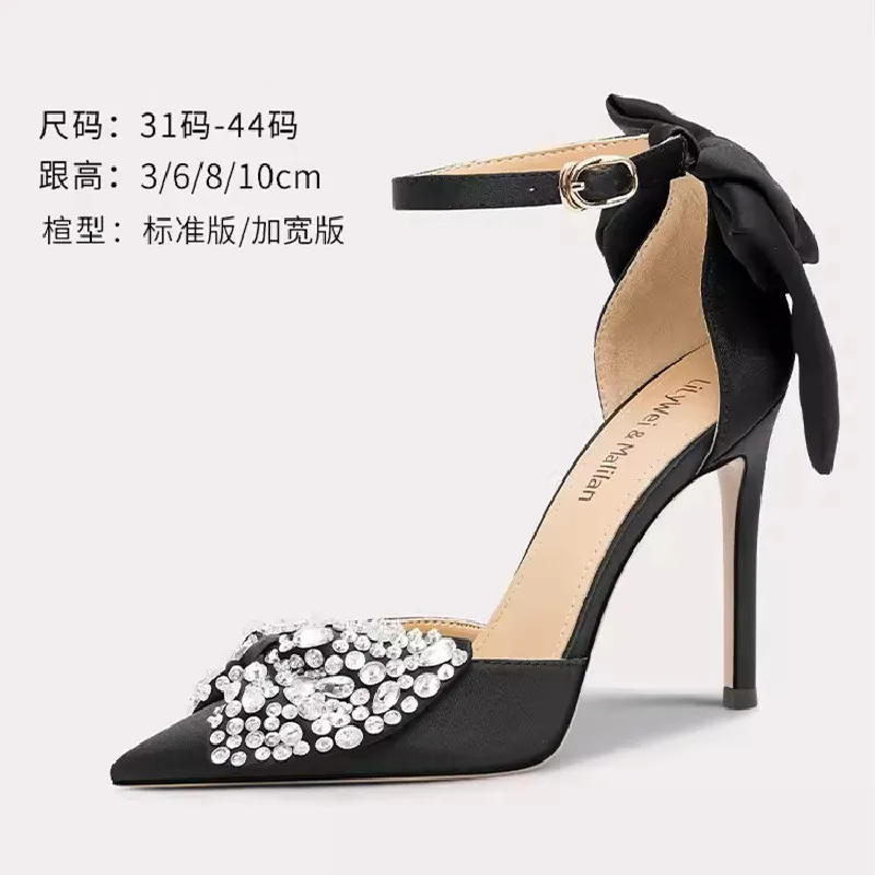

Spring and Summer New Pointed Silk Satin Water Diamond Bow Sandals with Thin High Heels Banquet Dress Large and Small Women Shoe