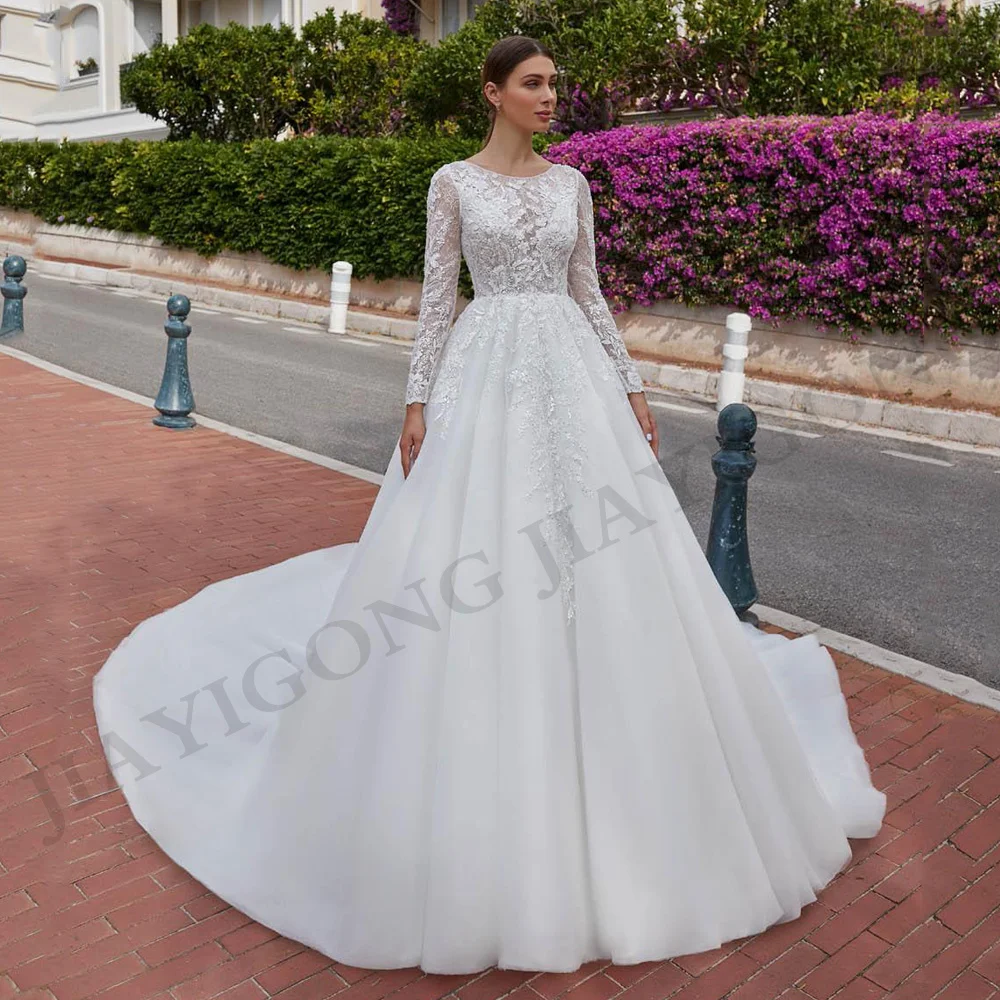 

Romantic Bride Wedding Dresses New Illusion Lace Applique Long Sleeve Scoop Neck Beading A Line Bridal Gown Vestido De Noiva