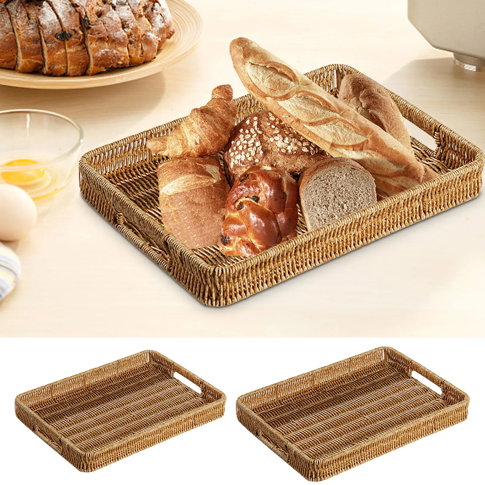 Rectangular Rattan Coffee Table Tray Woven Basket Food Decorative Tray Handmade Rattan Serving Tray for Coffee Table