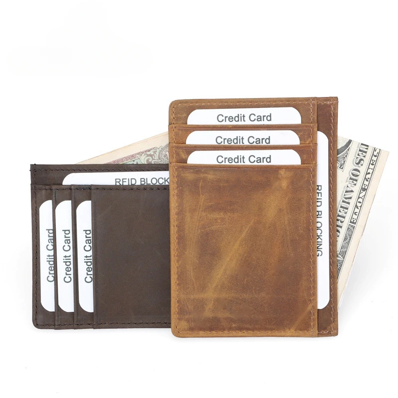 New style men's first layer crazy horse cowhide RFID card case casual fashion retro credit card case.