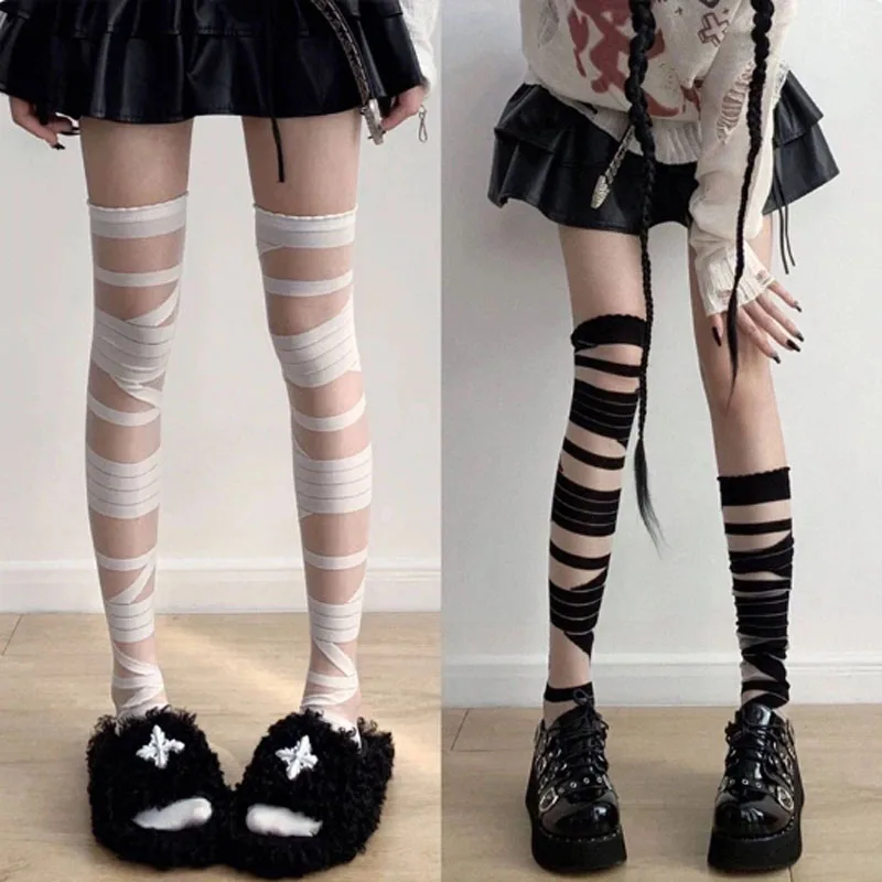 Lolita Women Black and White Bandage Striped Stockings Thin Jk Sexy Knee-high Thigh Stockings Japan Y2k Summer Stockings
