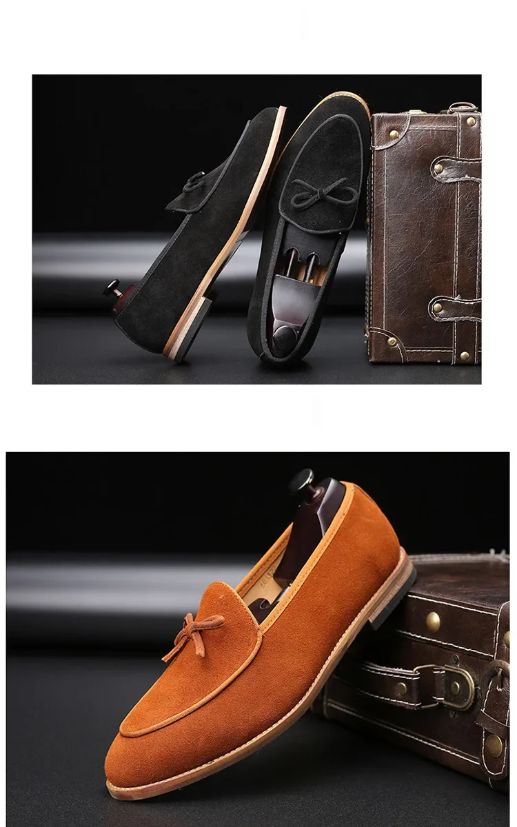 Men's Casual Shoes Suede Genuine Leather Men Trendy Bowknot Party Wedding Loafers Moccasins Mens Driving Flats