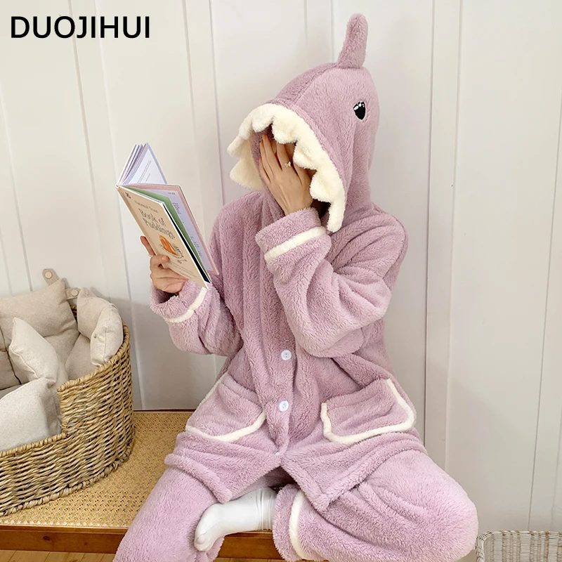 DUOJIHUI Pure Color Winter Flannel Warm Soft Female Pajamas Sets Hooded Simple Top Loose Casual Pant Fashion Pajamas for Women
