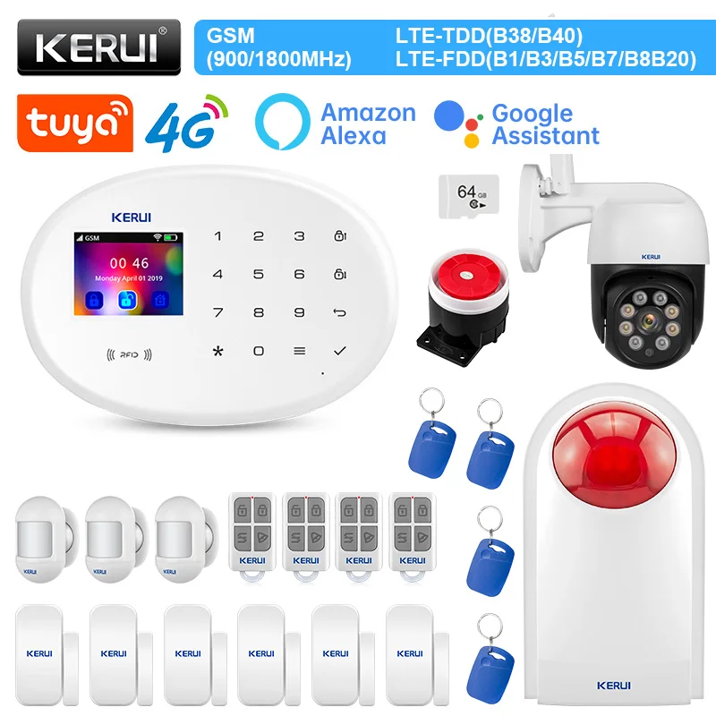 wifi alarm keypad KERUI Wireless Home Alarm System 4G WIFI GSM Alarm Tuya Smart Support Alexa Door Sensor Motion Sensor Siren RFID home security system keypad