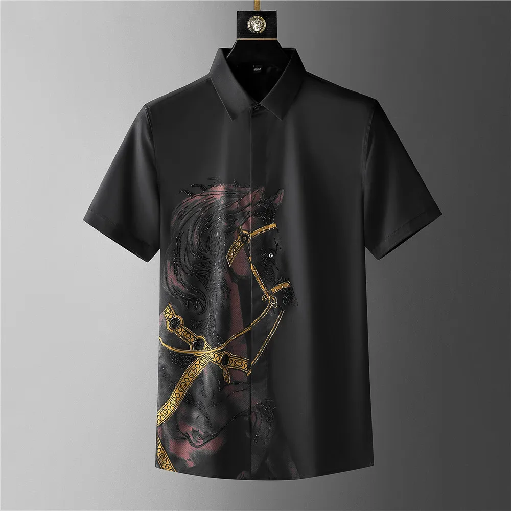 Rhinestones Shirts Mens Luxury Top Diamond Men's Shirt Long Mouw Slim Casual Shirt Black Animal Horse Social Camisa Hombre long sleeve shirt men casual shirt