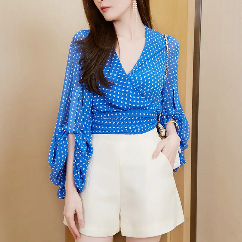 

Chiffon shirt women's summer dress 2022 new loose design sense niche thin top trendy shirts feminino Polka Dot