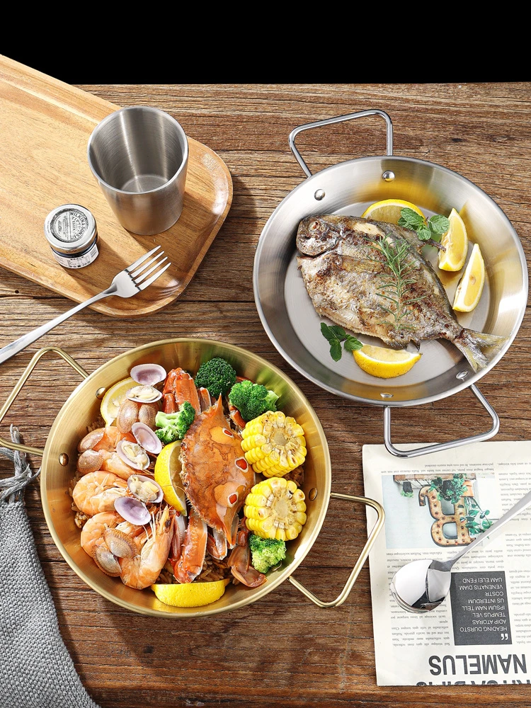 Stainless Steel Golden Serving Tray Round Spanish Seafood Cooking Pan With Two Handles Wok - 30Cm