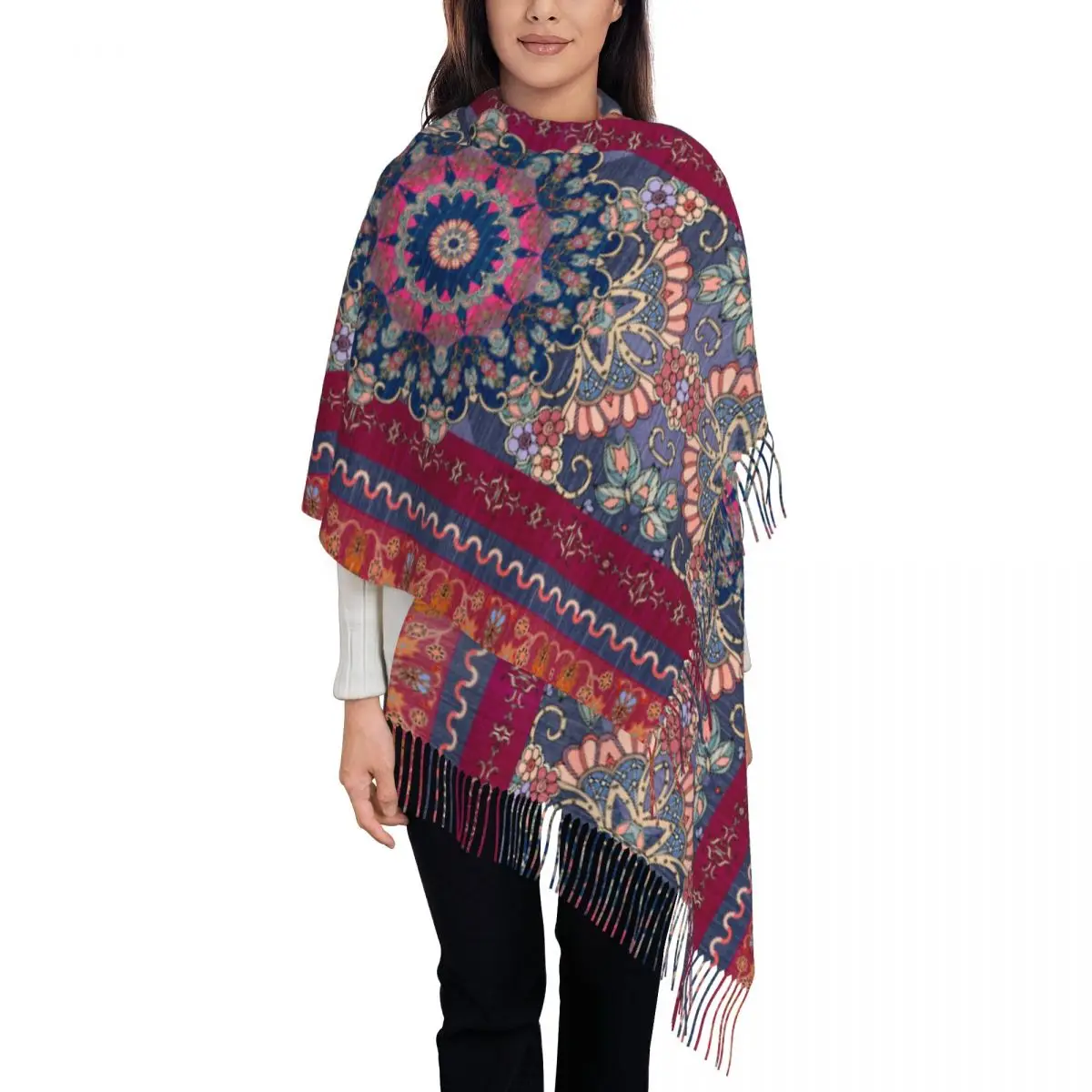 

Antique Persian Rug Tassel Scarf Women Soft Bohemia Ethnic Tribal Carpet Shawl Wrap Lady Winter Scarves