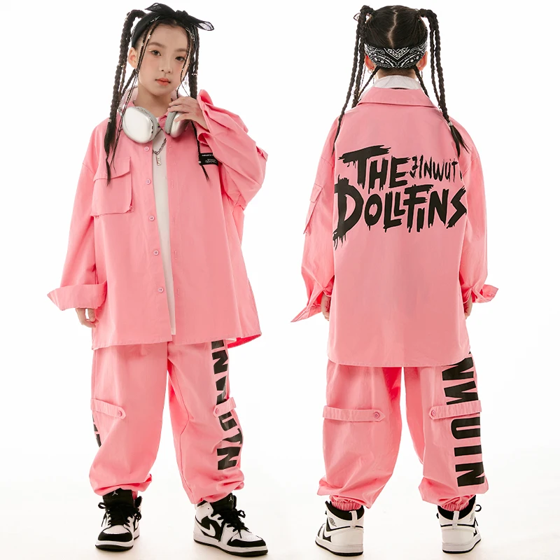 Girls Jazz Dance Costume Pink Long Sleeves Coat Pants Loose Hip Hop Suit Boys Street Dance Performance Wear Stage Clothes