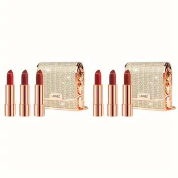 3 Colors Matte Lipstick Set Lip Stick with Sliver Chain Bag Package Non-Stick Cup Long Retractable Red Lipstick Set 3.5gx3 1
