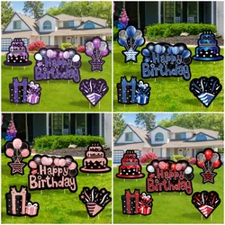 5Pcs/set Happy Birthday Yard Signs Stakes Black Purple Large Waterproof Lawn Sign Balloons Gift Party Decor Props for Garden