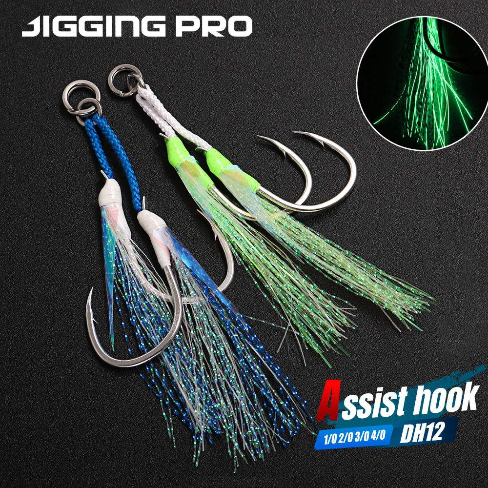 JIGGING PRO Twin Assist Haken 1/0 2/0 3/0 4/0 Angelhaken aus BKK-Stahl mit doppeltem Widerhaken und leuchtendem Feder-Jigging-Haken